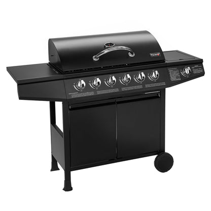Basic 6 plus 1 BBQ Gasgrill Grillwagen mit Edelstahlbrenner und Seitenkocher für Garten und Terrasse