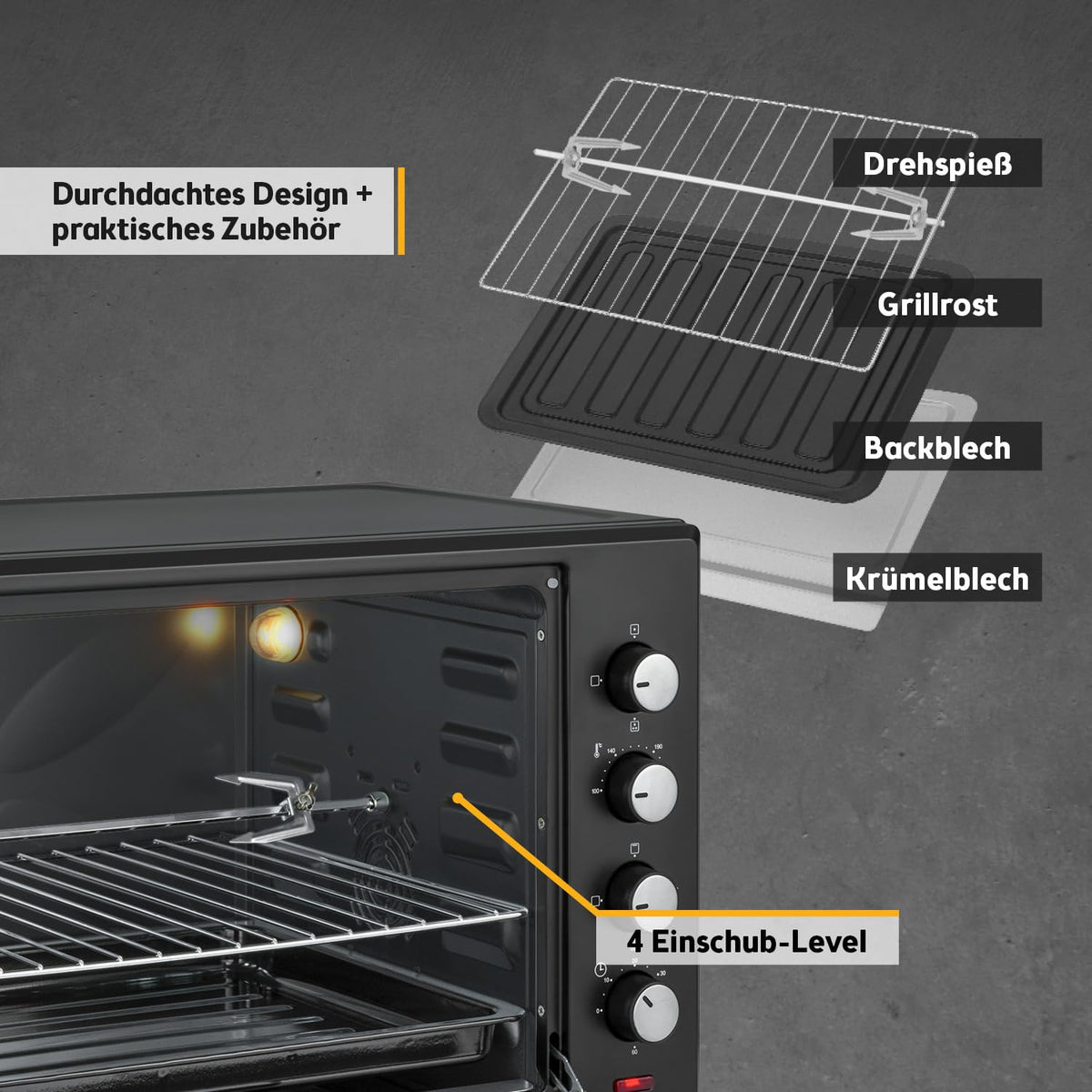 Minibackofen 60L 2000W Pizzaofen 230°C 6 Modi 60 Min Timer 4 Einschubhöhen Backblech Grillrost Drehspieß A++