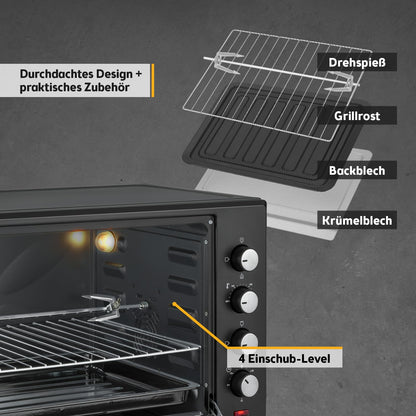 Minibackofen 60L 2000W Pizzaofen 230°C 6 Modi 60 Min Timer 4 Einschubhöhen Backblech Grillrost Drehspieß A++