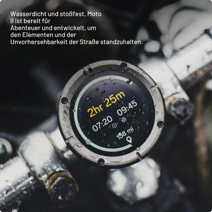 Moto II Motorradnavi, Globalnavigation, Minikartenschnittstelle, 14h Akku, IP67, USB C, Riemenhalterung
