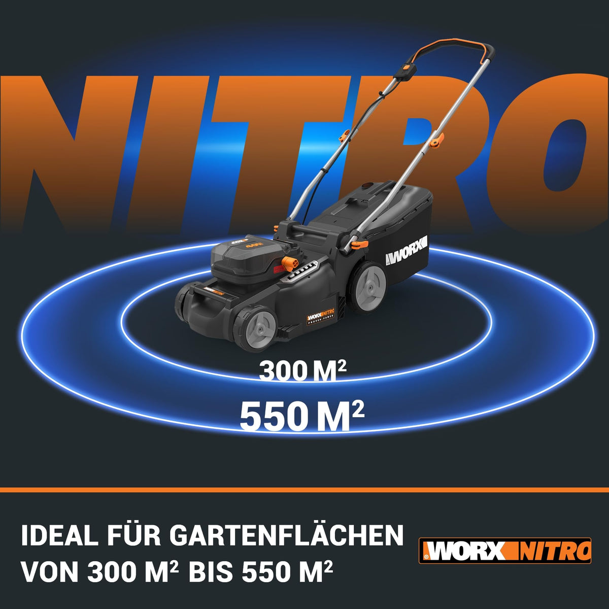 WG737E Nitro Rasenmäher 40V 2x20V bürstenlos 37cm Schnittbreite 6-fach 40L Fangsack mit 2x4Ah Akkus Dual-Lader