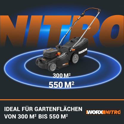 WG737E Nitro Rasenmäher 40V 2x20V bürstenlos 37cm Schnittbreite 6-fach 40L Fangsack mit 2x4Ah Akkus Dual-Lader