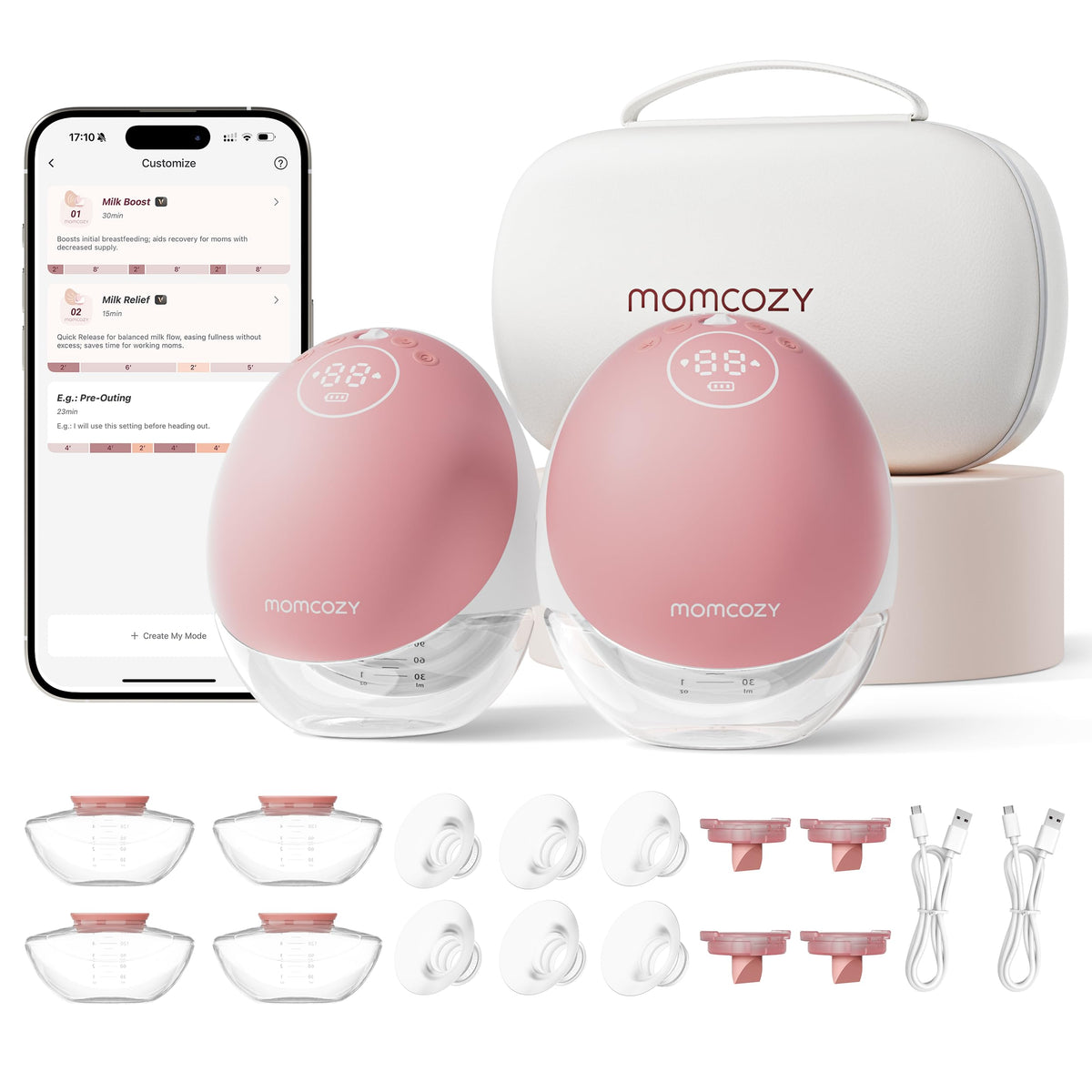 M9 Mobile Flow Elektro-Milchpumpe, handsfree, 2er-Pack rot, App-Steuerung, 15 Stufen, 24 mm Brusthaube, 150 ml