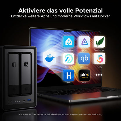 NASync DXP2800 2 Bay NAS ohne HDD, Intel N100, 2,5 GbE, 8 GB DDR5, 2x M.2 NVMe, 4K HDMI, Docker, VMs, AI