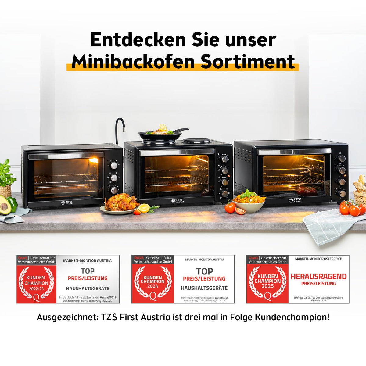 Minibackofen 60L 2000W Pizzaofen 230°C 6 Modi 60 Min Timer 4 Einschubhöhen Backblech Grillrost Drehspieß A++