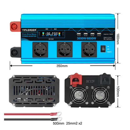 Reiner Sinus Wechselrichter Spannungswandler 3000W 6000W 12V 230V 3 EU Steckdosen 4 USB LCD Spannungsanzeige