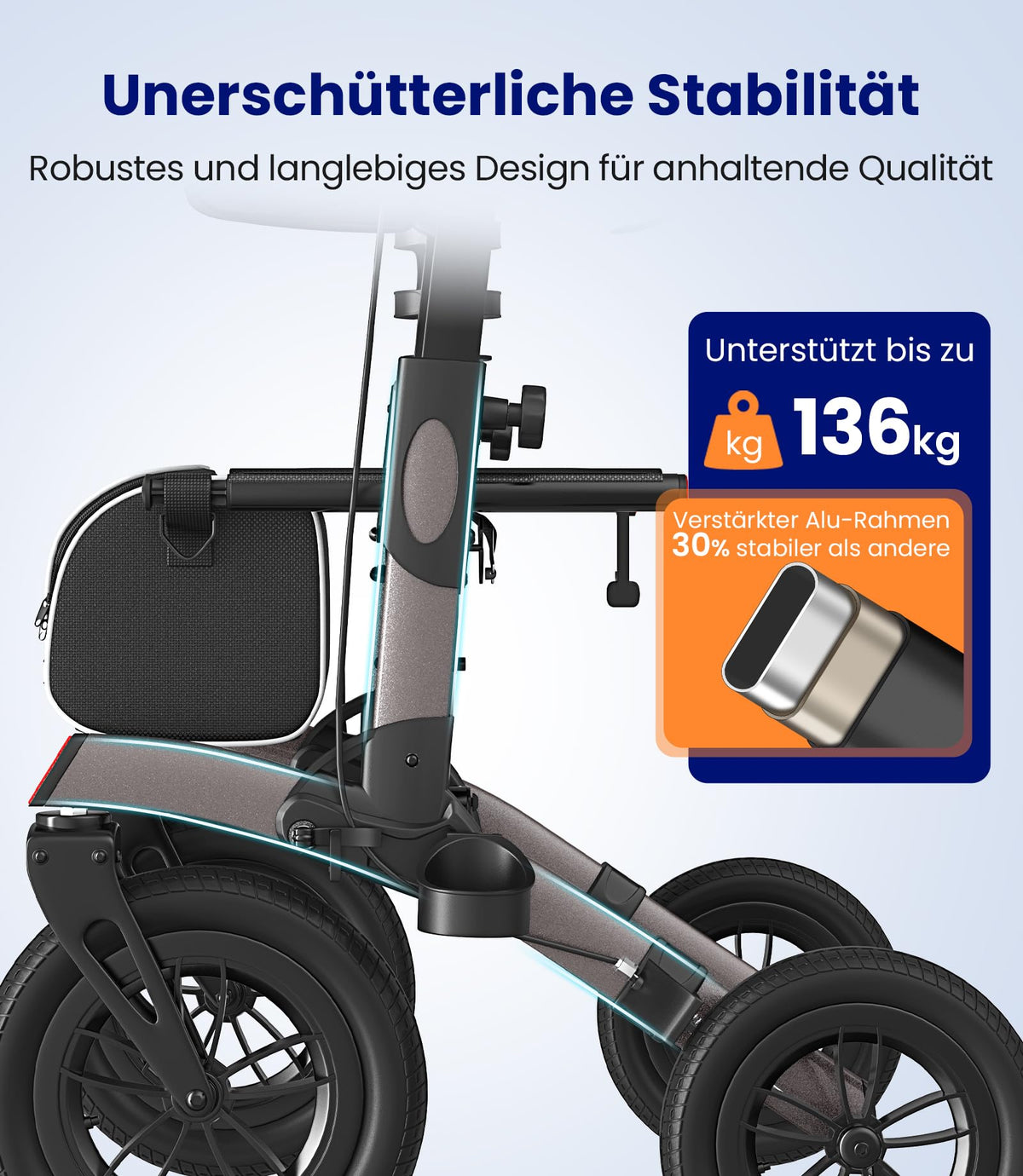 Rollator faltbar leicht mit Sitz Gummi Nonluftreifen höhenverstellbar Aluminium Grau Outdoor