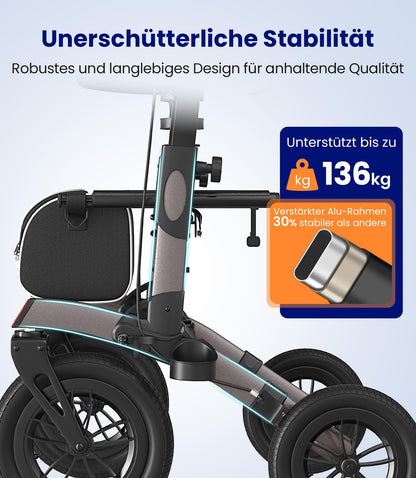 Rollator faltbar leicht mit Sitz Gummi Nonluftreifen höhenverstellbar Aluminium Grau Outdoor