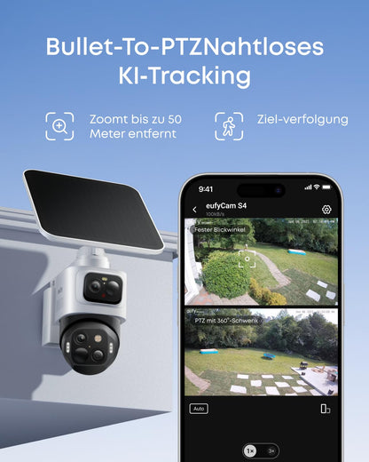 S4 Außenkamera 4K UHD Farbnachtsicht 8x Hybridzoom Solar 360° Multikamera Auto Tracking für HomeBase S380