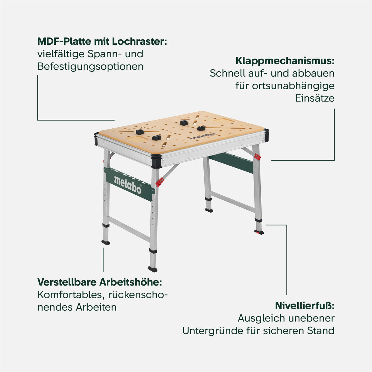 Multifunktionstisch MWB 100, klappbare Werkbank, mobiler Sägebock, 120 kg, inkl. 2 Zwingen und 4 Bankhaken