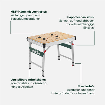 Multifunktionstisch MWB 100, klappbare Werkbank, mobiler Sägebock, 120 kg, inkl. 2 Zwingen und 4 Bankhaken