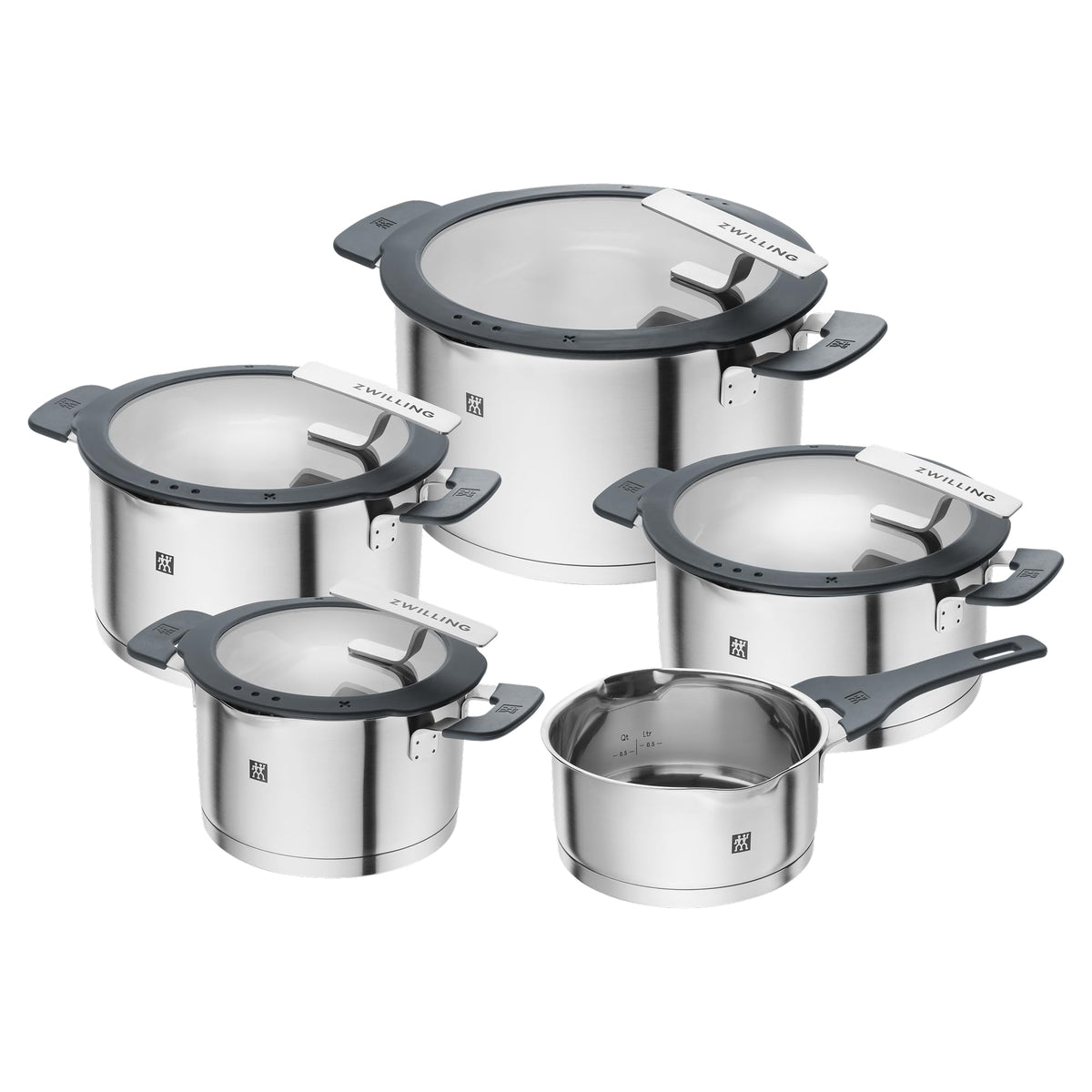 Simplify Kochtopf Set 5 teilig Integriertes Sieb Abgießfunktion Induktion Stay Cool Griffe Edelstahl Grau