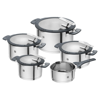 Simplify Kochtopf Set 5 teilig Integriertes Sieb Abgießfunktion Induktion Stay Cool Griffe Edelstahl Grau