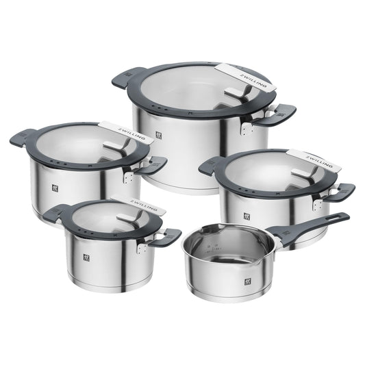 Simplify Kochtopf Set 5 teilig Integriertes Sieb Abgießfunktion Induktion Stay Cool Griffe Edelstahl Grau