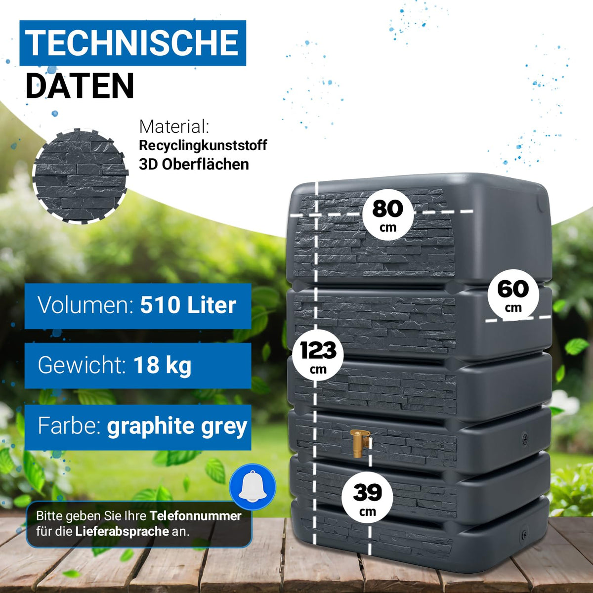 Slim Stone Decor Regentonne Mauertank 510 Liter Anthrazit Steinoptik für Außenbereich Gartenbewässerung