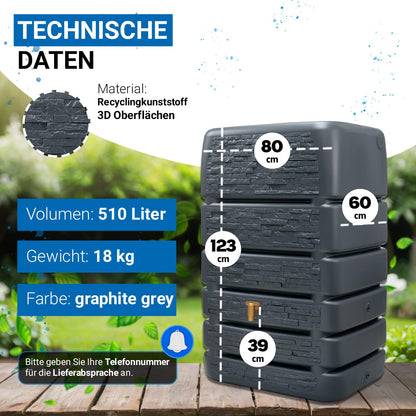 Slim Stone Decor Regentonne Mauertank 510 Liter Anthrazit Steinoptik für Außenbereich Gartenbewässerung