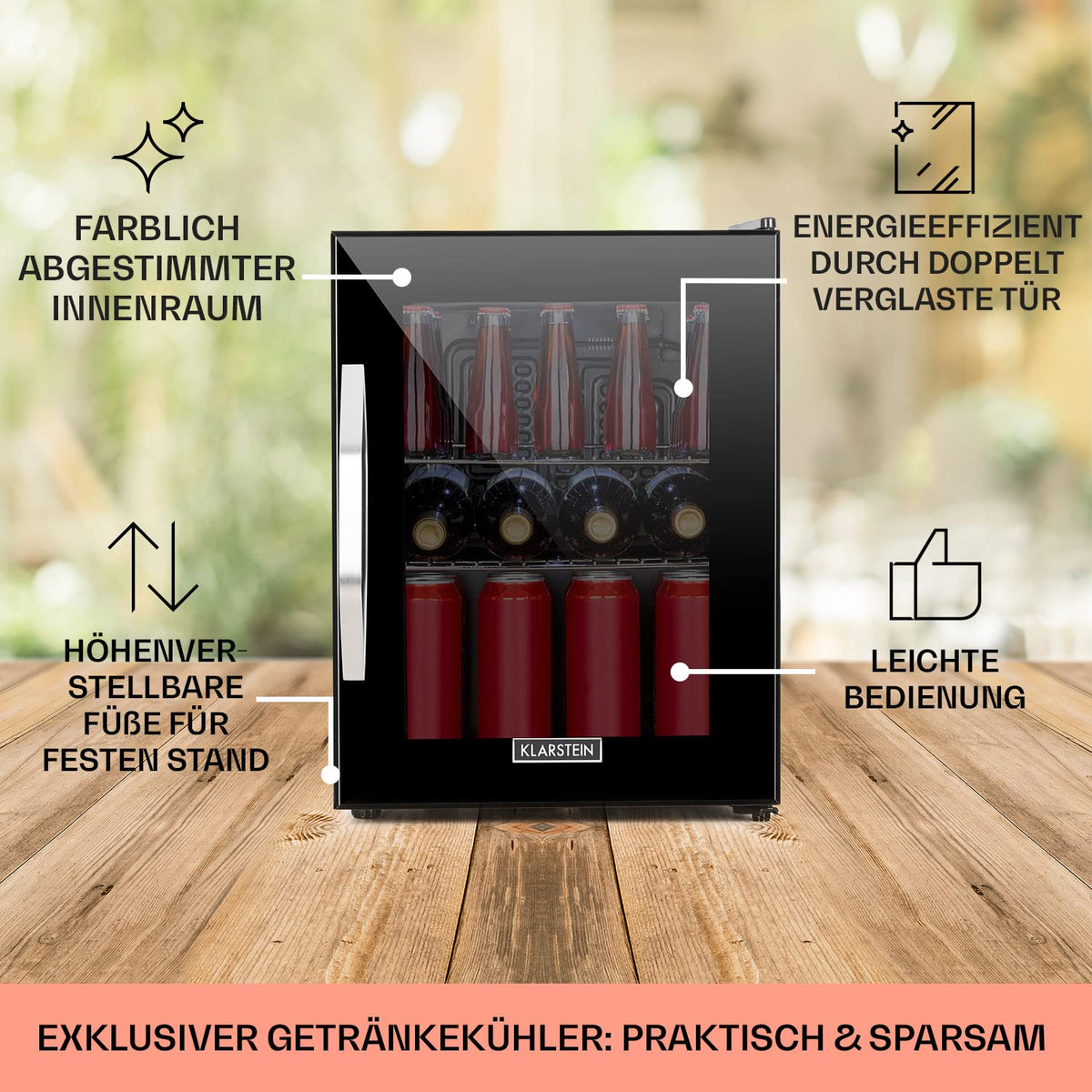 Mini Getränkekühlschrank mit Glastür, 33 Liter, leise, Innen & Außen, verstellbare Ablagen, Energieklasse C