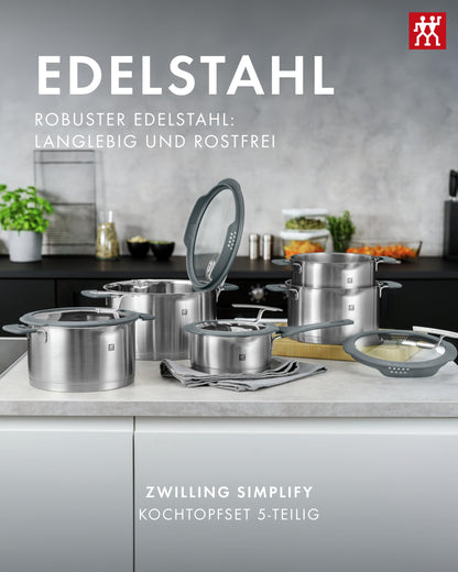 Simplify Kochtopf Set 5 teilig Integriertes Sieb Abgießfunktion Induktion Stay Cool Griffe Edelstahl Grau