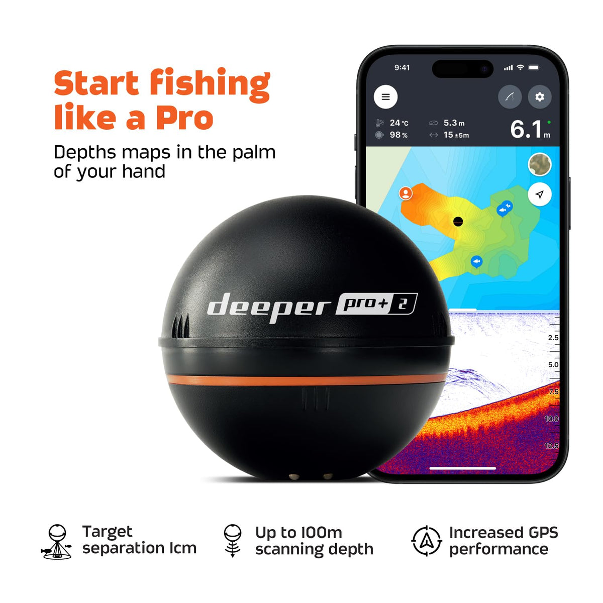 Smart Sonar Pro+ 2 Fischfinder Echolot mit Tiefenmesser, GPS-Sender für Kajak, Boot oder Eisangeln, inkl. App