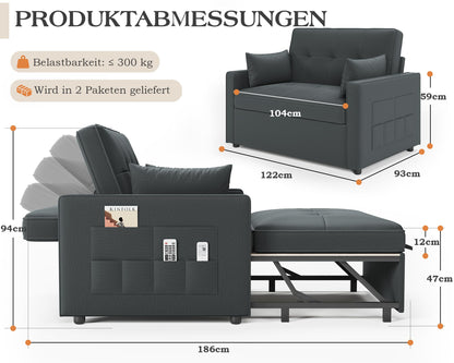 3 in 1 Schlafsofa 186 x 122 cm, Grau, verstellbare Rückenlehne, 12 cm Komfortpolster, Massivholz Metallrahmen