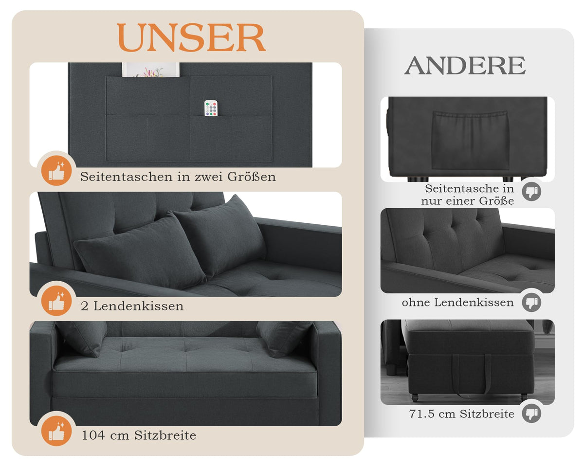 3 in 1 Schlafsofa 186 x 122 cm, Grau, verstellbare Rückenlehne, 12 cm Komfortpolster, Massivholz Metallrahmen
