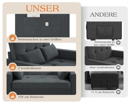 3 in 1 Schlafsofa 186 x 122 cm, Grau, verstellbare Rückenlehne, 12 cm Komfortpolster, Massivholz Metallrahmen