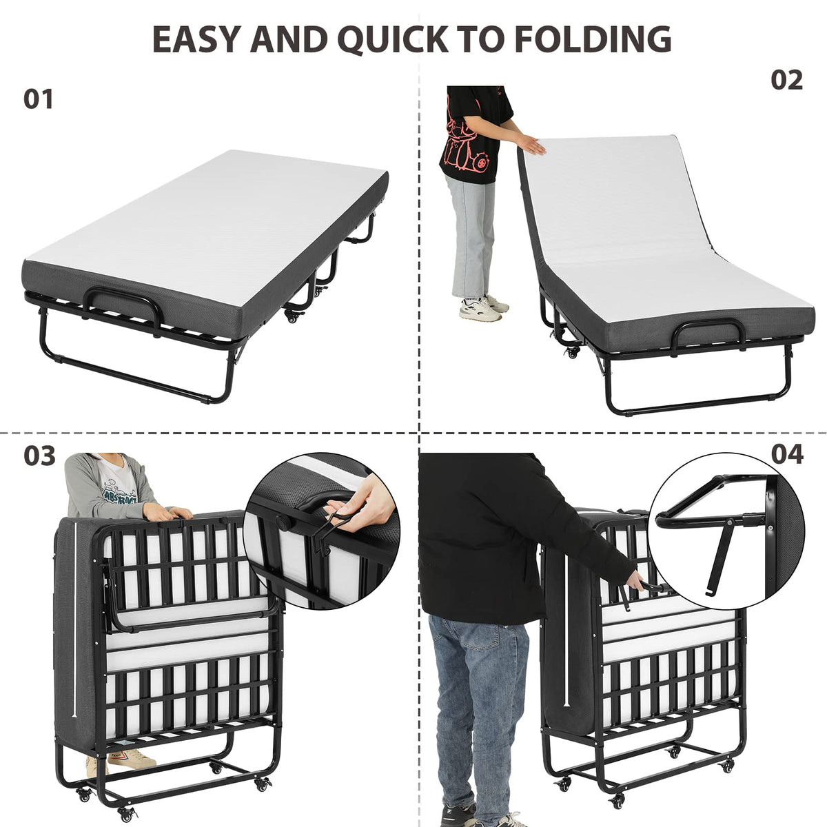Klappbett 90x200cm Erwachsene mit 13cm Memoryschaum Matratze klappbar Metallrahmen mit Rollen 200kg belastbar