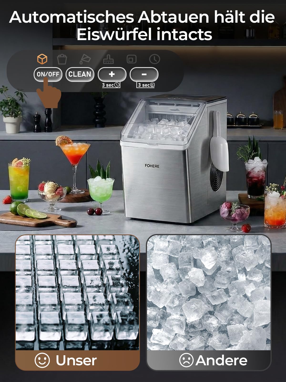 Eiswürfelmaschine Edelstahl 24kg/24h 24 Eiswürfel in 10min 3.2L Dualwasser 40dB Timer Selbstreinigung Abtauung