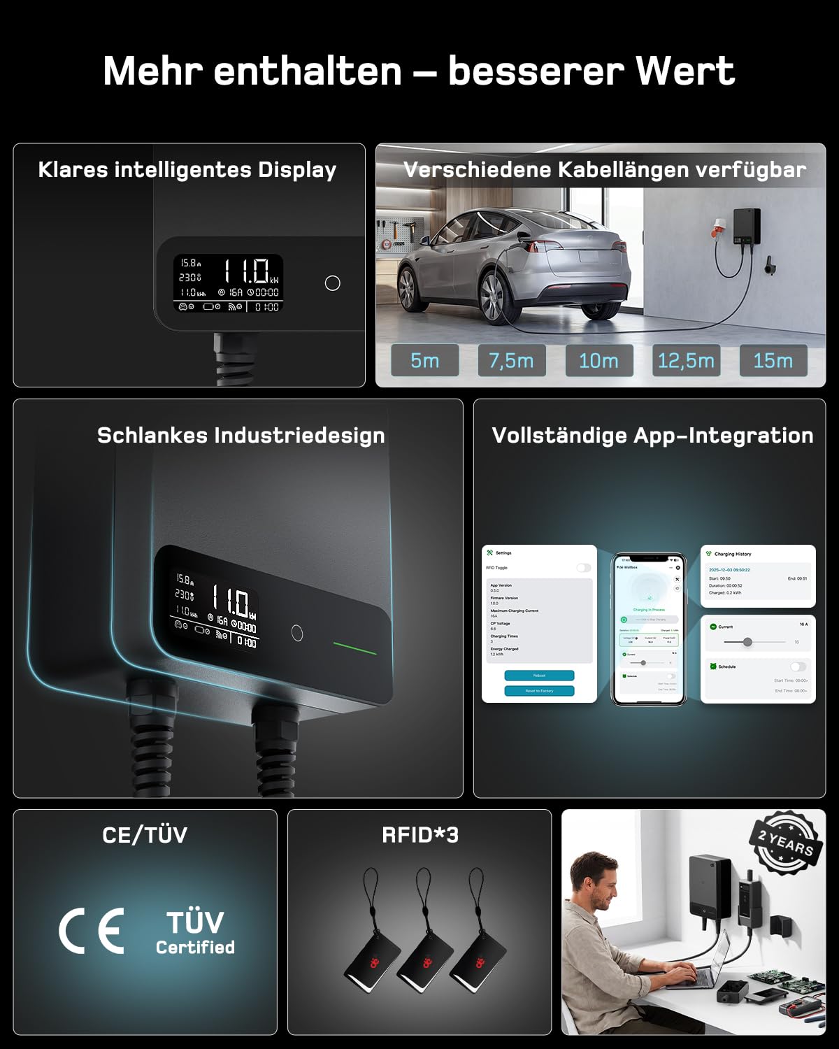Wallbox 11kW, App, Typ 2 7,5m, 3 Phasen 400V, Schwarz, Kabelhalter, RCD Typ A 30mA AC/6mA DC, IP54, §14a EnWG