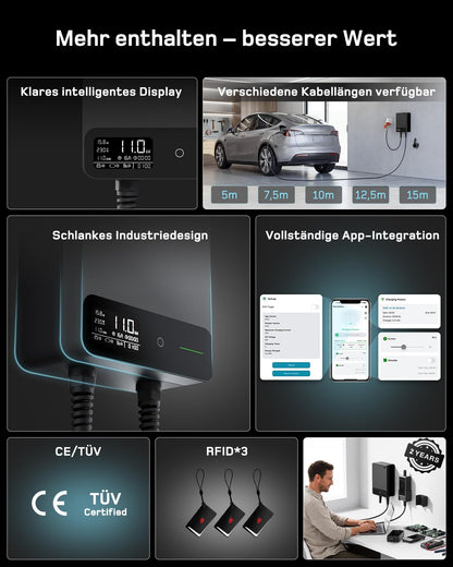 Wallbox 11kW, App, Typ 2 7,5m, 3 Phasen 400V, Schwarz, Kabelhalter, RCD Typ A 30mA AC/6mA DC, IP54, §14a EnWG