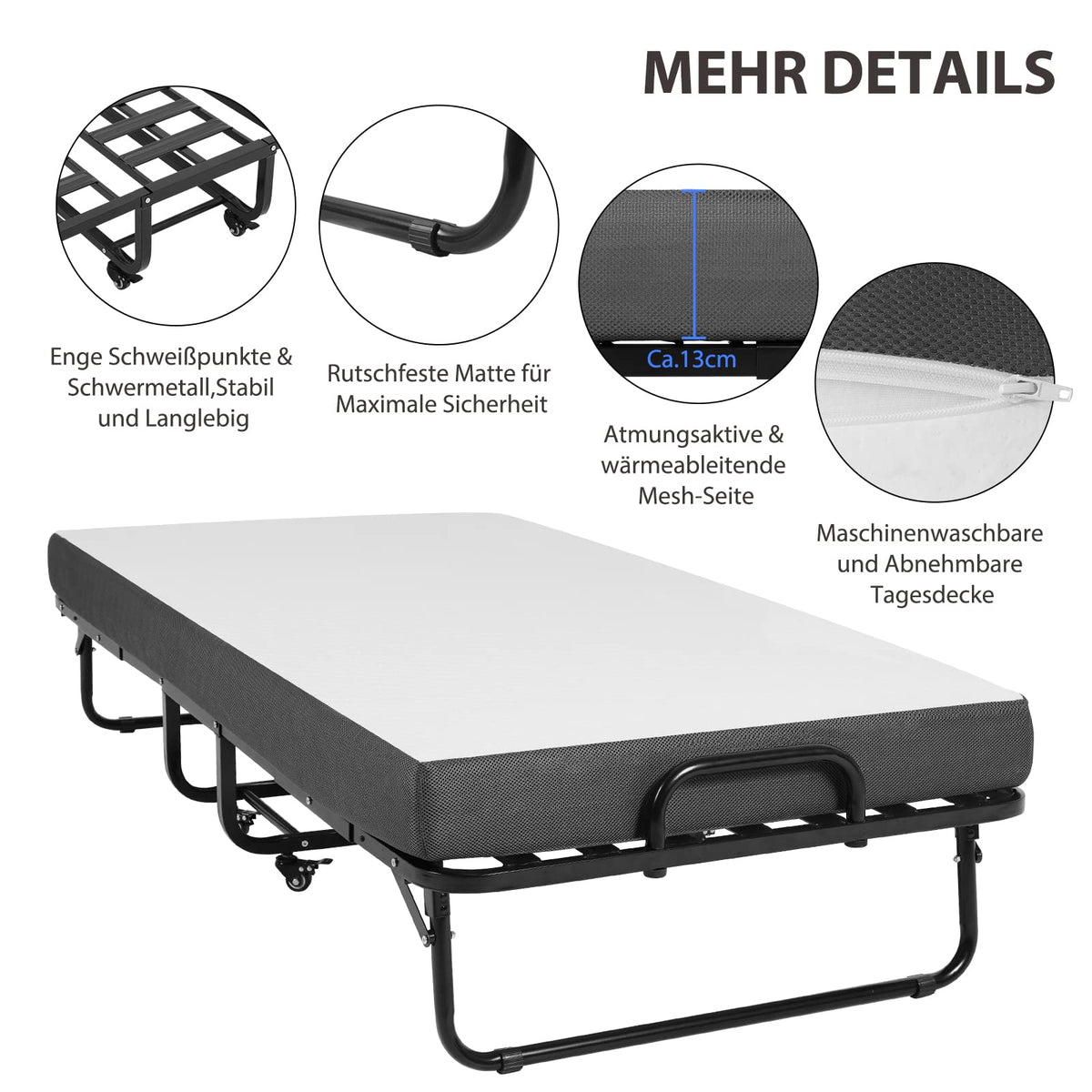 Klappbett 90x200cm Erwachsene mit 13cm Memoryschaum Matratze klappbar Metallrahmen mit Rollen 200kg belastbar