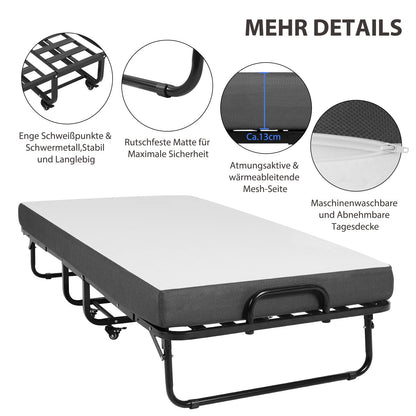 Klappbett 90x200cm Erwachsene mit 13cm Memoryschaum Matratze klappbar Metallrahmen mit Rollen 200kg belastbar