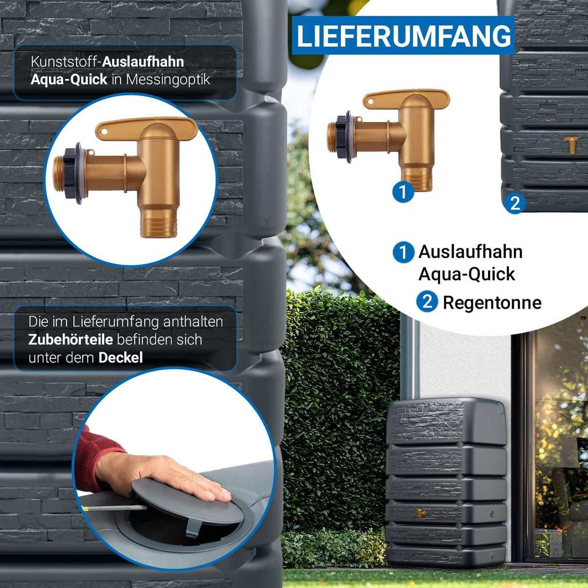 Slim Stone Decor Regentonne Mauertank 510 Liter Anthrazit Steinoptik für Außenbereich Gartenbewässerung