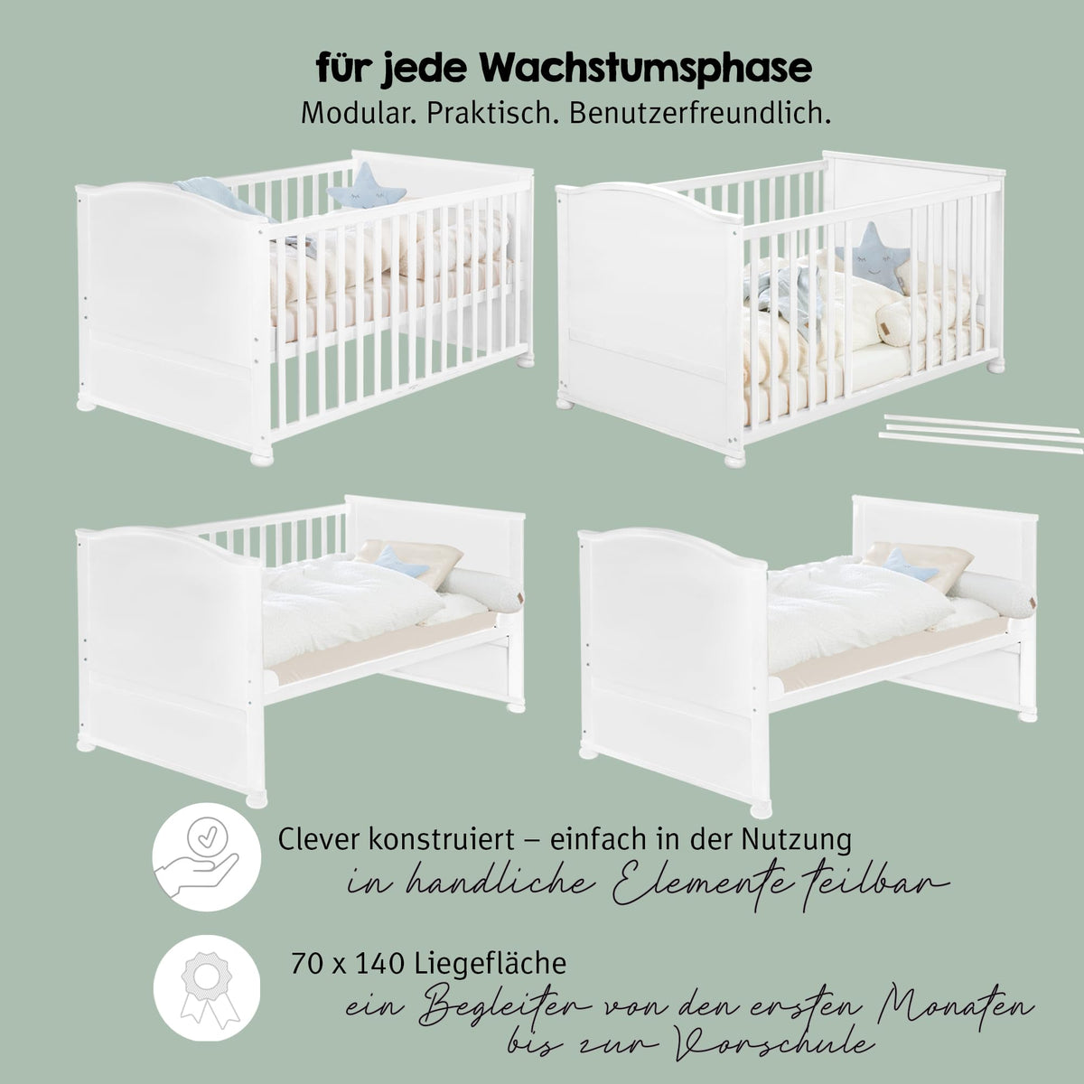 Babybett Set Little Stars 70 x 140 cm mitwachsend umbaubar mit kompletter Textilien Sterne Design höhenverstellbar Holz weiß