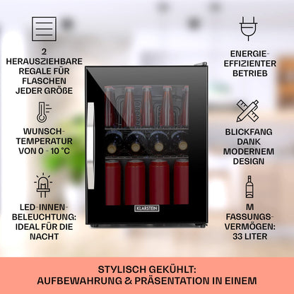 Mini Getränkekühlschrank mit Glastür, 33 Liter, leise, Innen & Außen, verstellbare Ablagen, Energieklasse C