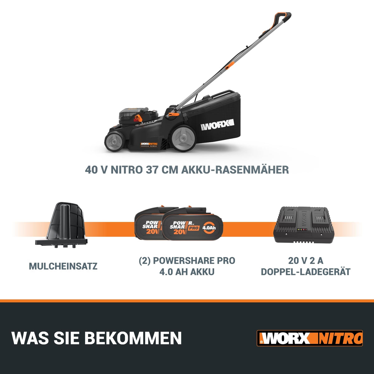 WG737E Nitro Rasenmäher 40V 2x20V bürstenlos 37cm Schnittbreite 6-fach 40L Fangsack mit 2x4Ah Akkus Dual-Lader