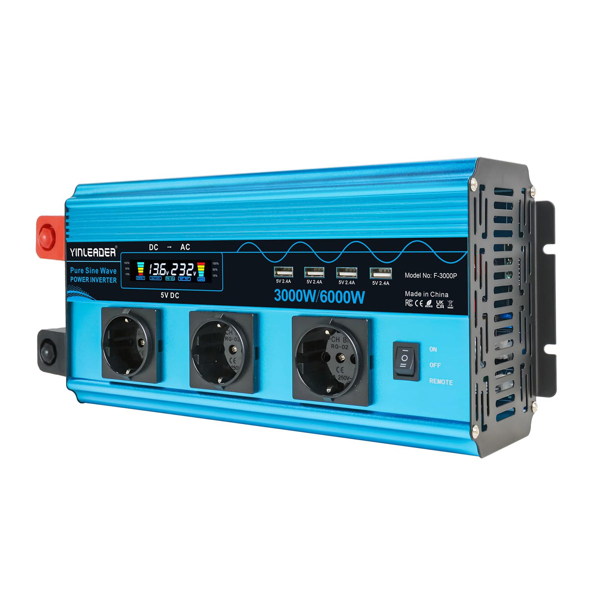 Reiner Sinus Wechselrichter Spannungswandler 3000W 6000W 12V 230V 3 EU Steckdosen 4 USB LCD Spannungsanzeige