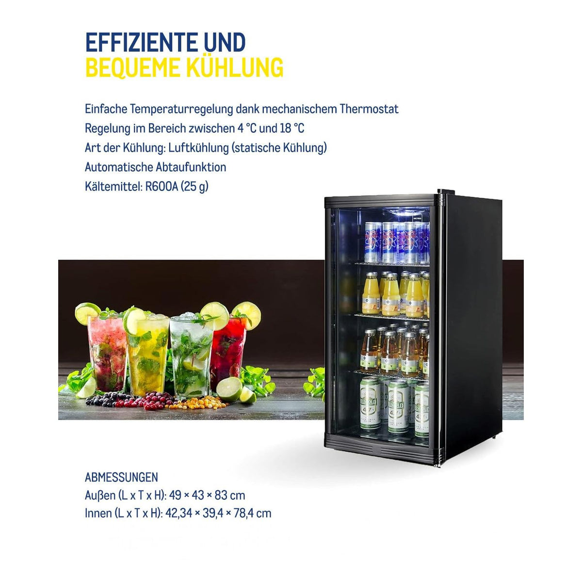 Mini Kühlschrank GPC1088 88L 1.052kWh/24h 3 Edelstahlböden reversible Glastür 39dB LED Energieklasse D