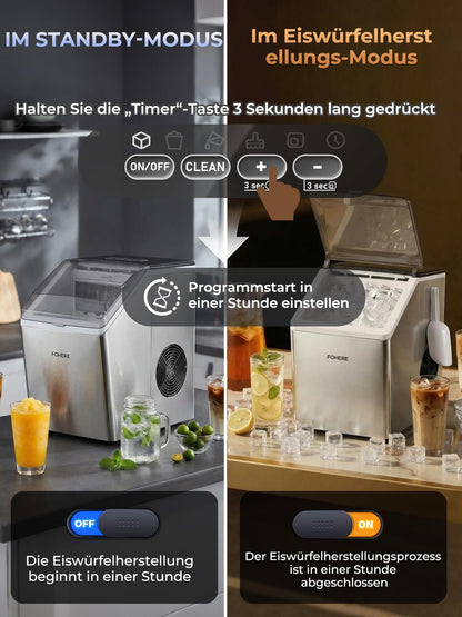 Eiswürfelmaschine Edelstahl 24kg/24h 24 Eiswürfel in 10min 3.2L Dualwasser 40dB Timer Selbstreinigung Abtauung