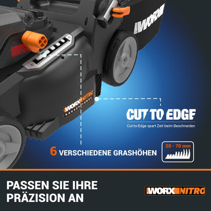 WG737E Nitro Rasenmäher 40V 2x20V bürstenlos 37cm Schnittbreite 6-fach 40L Fangsack mit 2x4Ah Akkus Dual-Lader