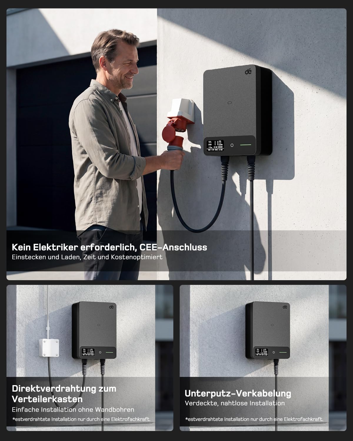Wallbox 11kW, App, Typ 2 7,5m, 3 Phasen 400V, Schwarz, Kabelhalter, RCD Typ A 30mA AC/6mA DC, IP54, §14a EnWG