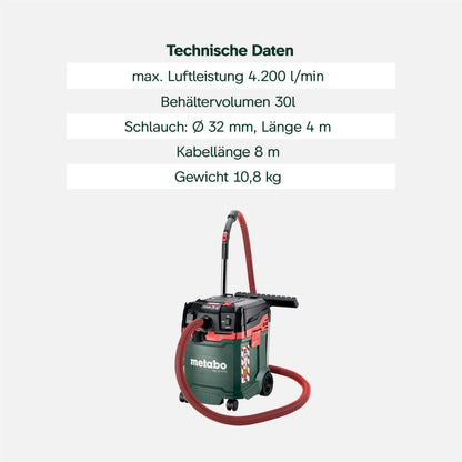 ASA 30 M PC Allessauger, 1200 W, Staubklasse M, 8m Kabel, 30l, Antistatikschlauch, Filterabreinigung, Zubehör