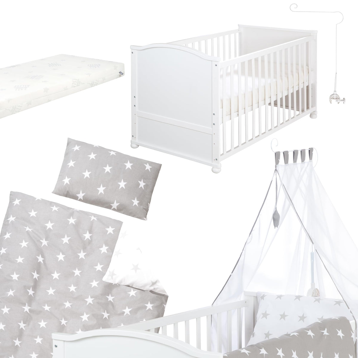 Babybett Set Little Stars 70 x 140 cm mitwachsend umbaubar mit kompletter Textilien Sterne Design höhenverstellbar Holz weiß
