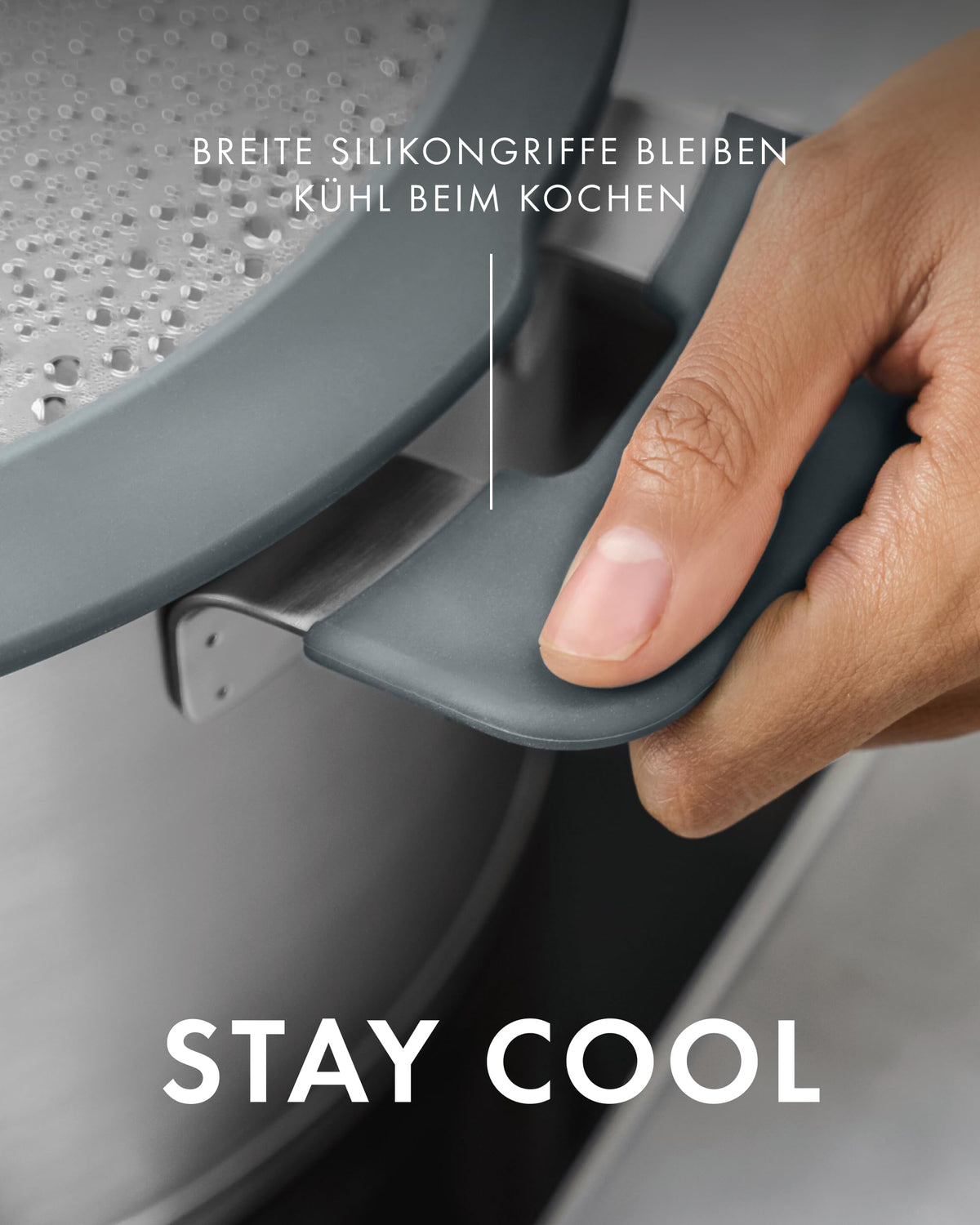 Simplify Kochtopf Set 5 teilig Integriertes Sieb Abgießfunktion Induktion Stay Cool Griffe Edelstahl Grau