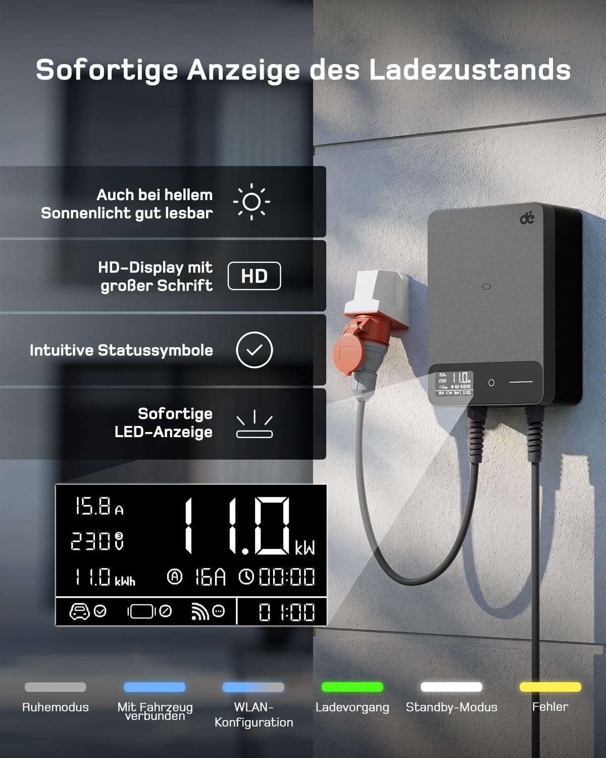 Wallbox 11kW, App, Typ 2 7,5m, 3 Phasen 400V, Schwarz, Kabelhalter, RCD Typ A 30mA AC/6mA DC, IP54, §14a EnWG