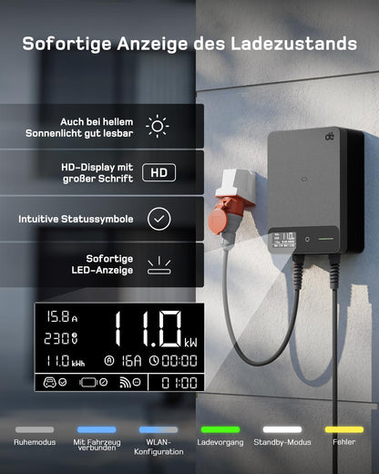 Wallbox 11kW, App, Typ 2 7,5m, 3 Phasen 400V, Schwarz, Kabelhalter, RCD Typ A 30mA AC/6mA DC, IP54, §14a EnWG