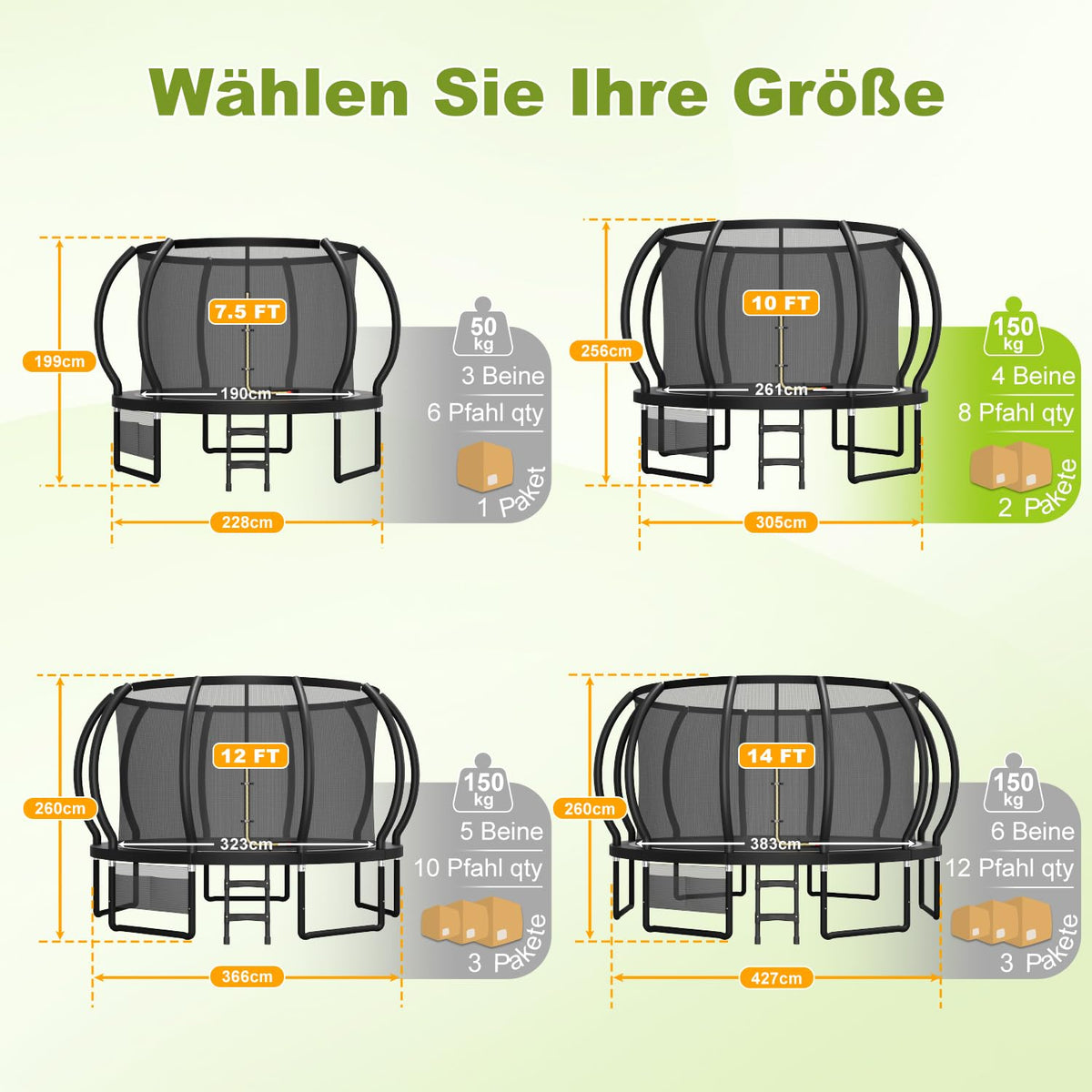 Kindertrampolin Gartentrampolin Ø 228/305/366/427/488 cm GS Zertifikat Sicherheitsnetz rund Leiter Schuhbeutel