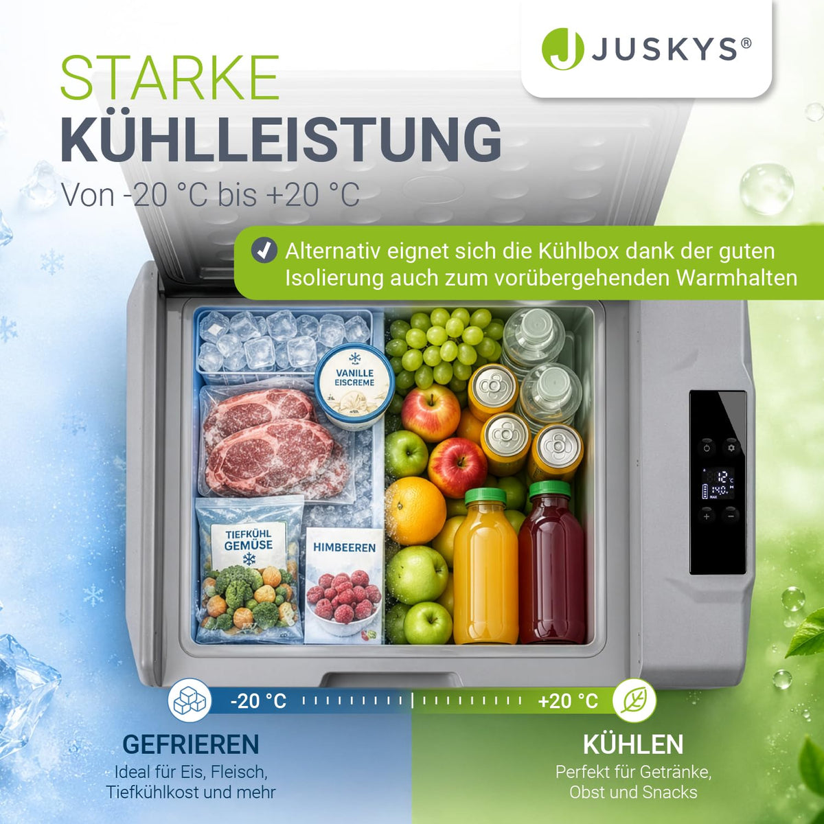 Kompressor Kühlbox 50 Liter 12/24/230 V Auto LKW Reisemobil Camping kalt und warm mit Steckdose Grau
