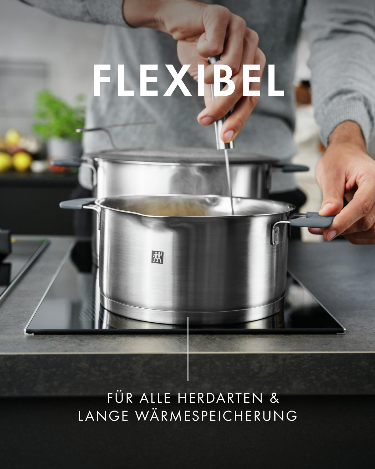 Simplify Kochtopf Set 5 teilig Integriertes Sieb Abgießfunktion Induktion Stay Cool Griffe Edelstahl Grau