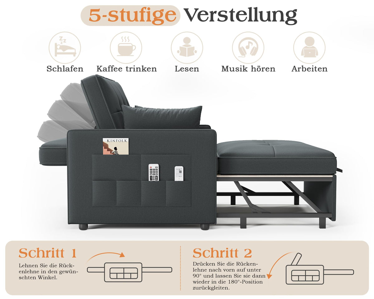 3 in 1 Schlafsofa 186 x 122 cm, Grau, verstellbare Rückenlehne, 12 cm Komfortpolster, Massivholz Metallrahmen